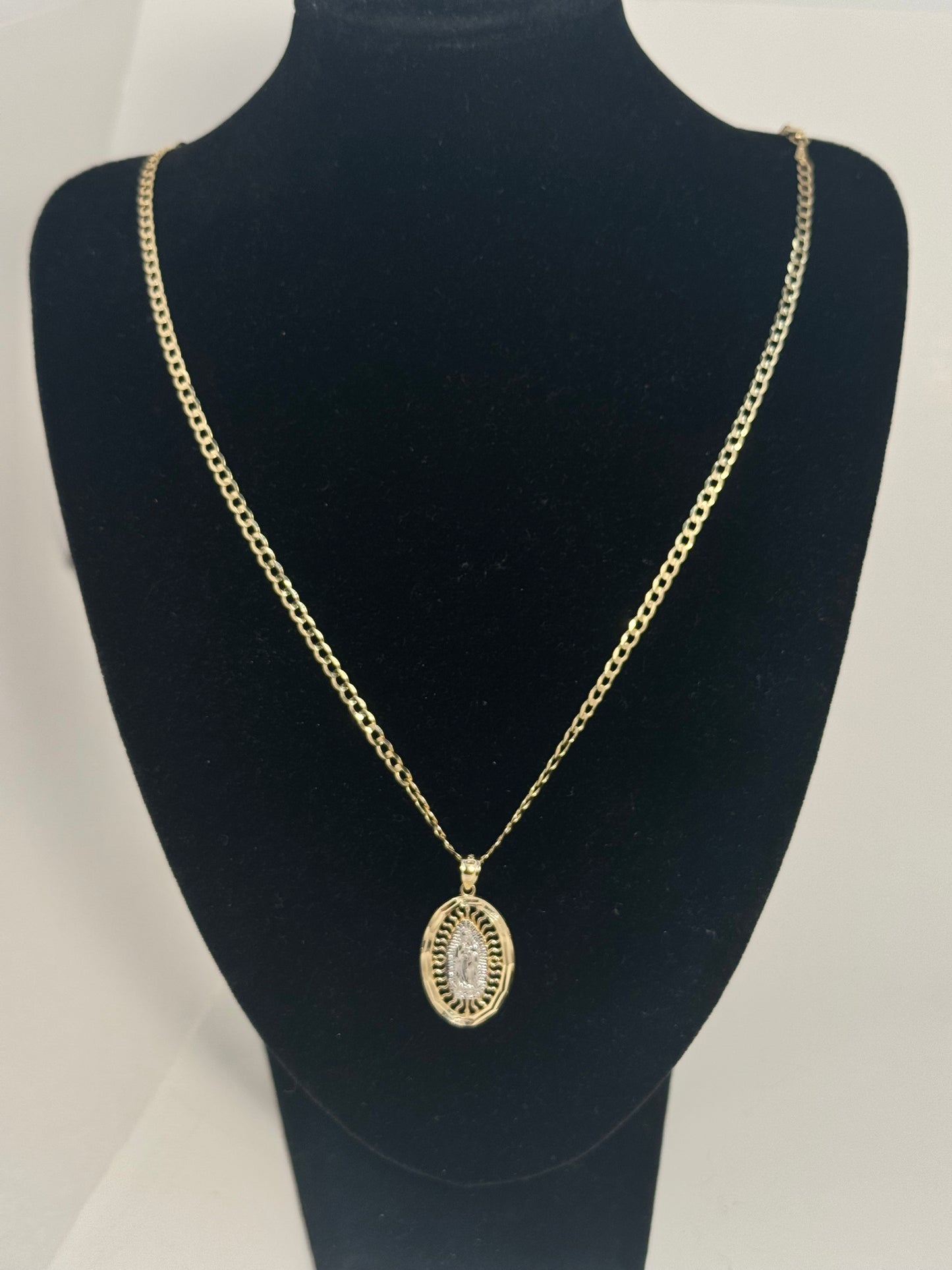 14k gold Cuban link chain necklace with Virgin Mary 2 tone pendant