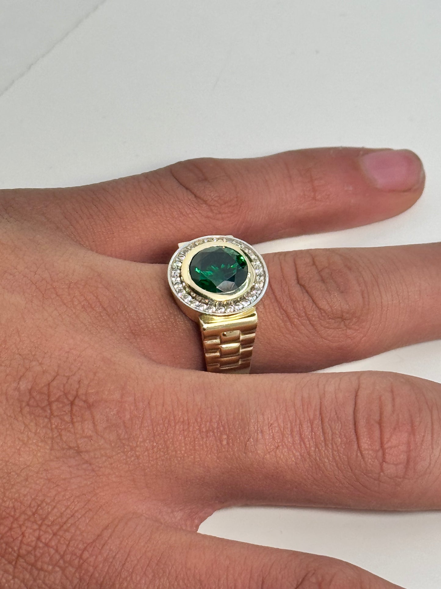 Solid 14k Gold Emerald  round ring for men