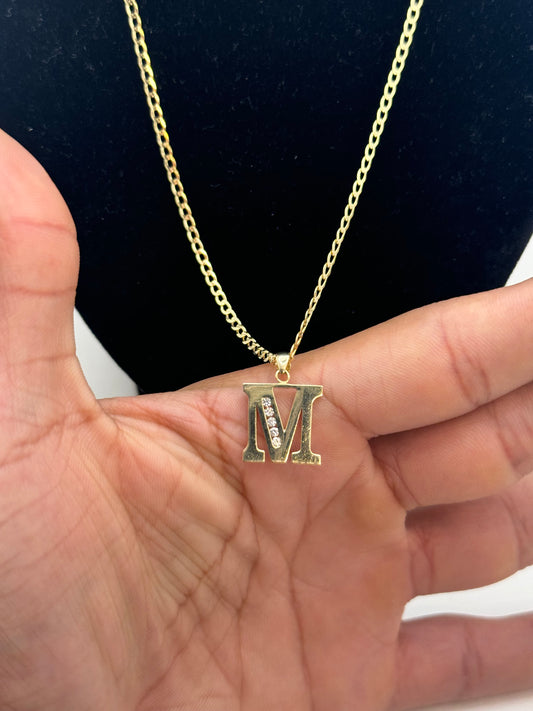 14 karat gold Cuban link chain with M pendant, yellow gold