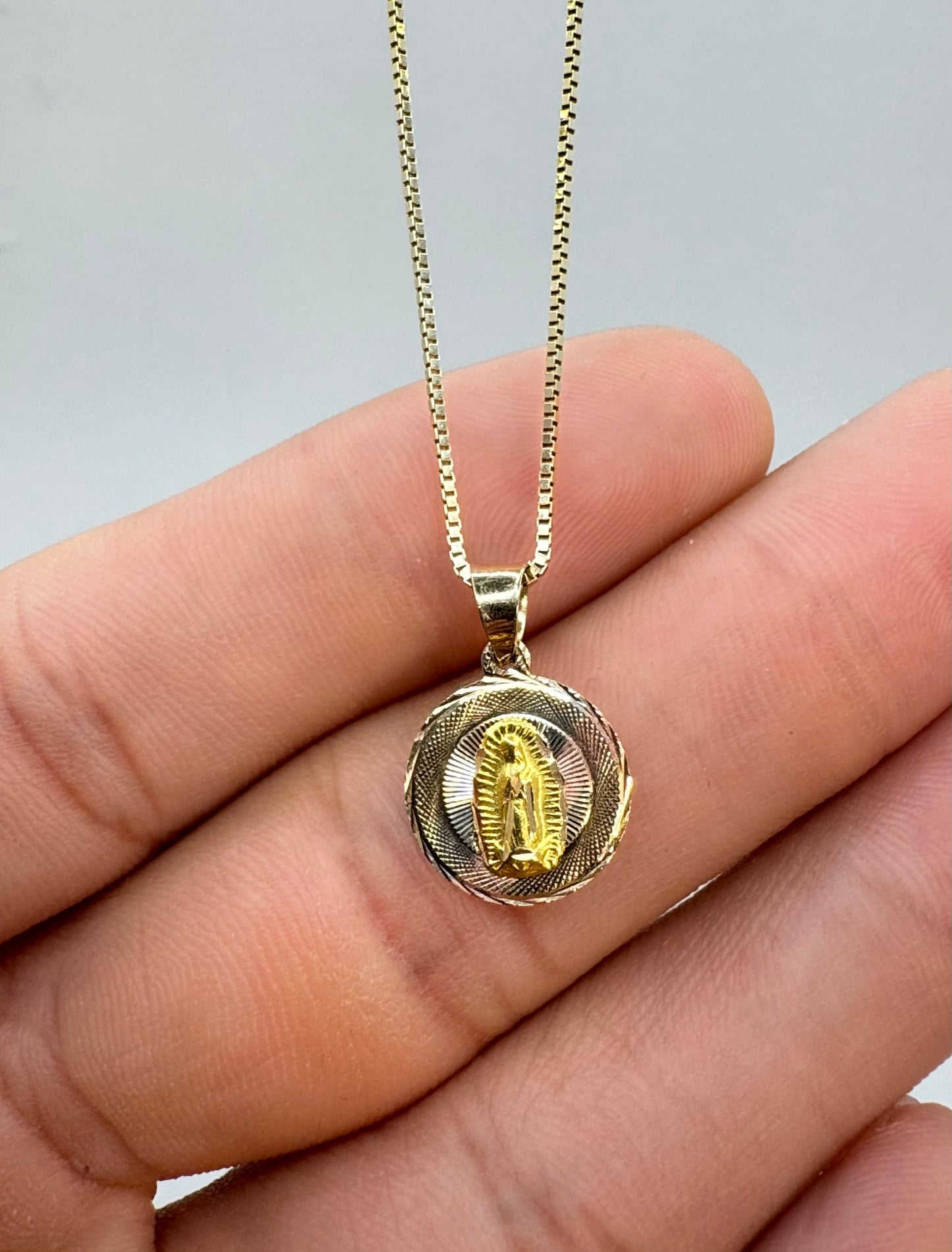 14k gold 16 inch box chain necklace with 2 sided pendant with Virgin Mary and Jesus Christ face for women