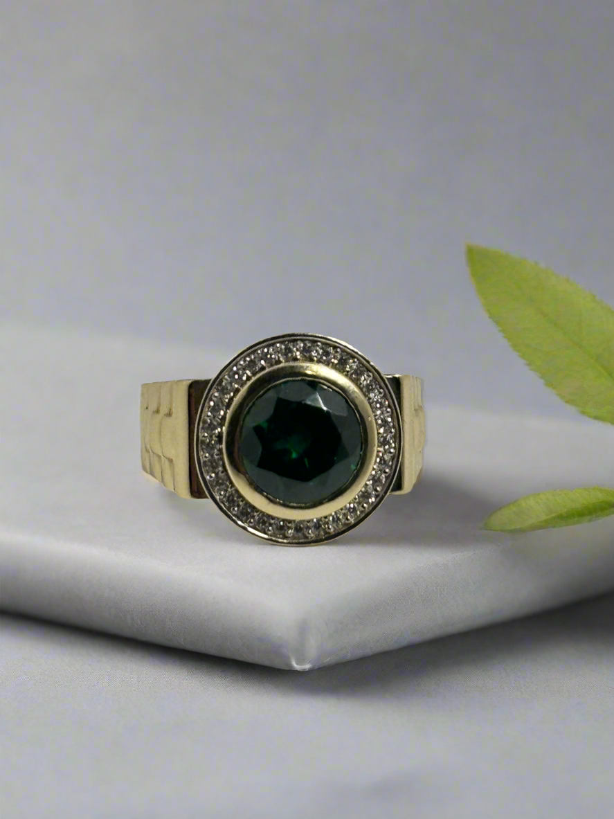 Solid 14k Gold Emerald  round ring for men