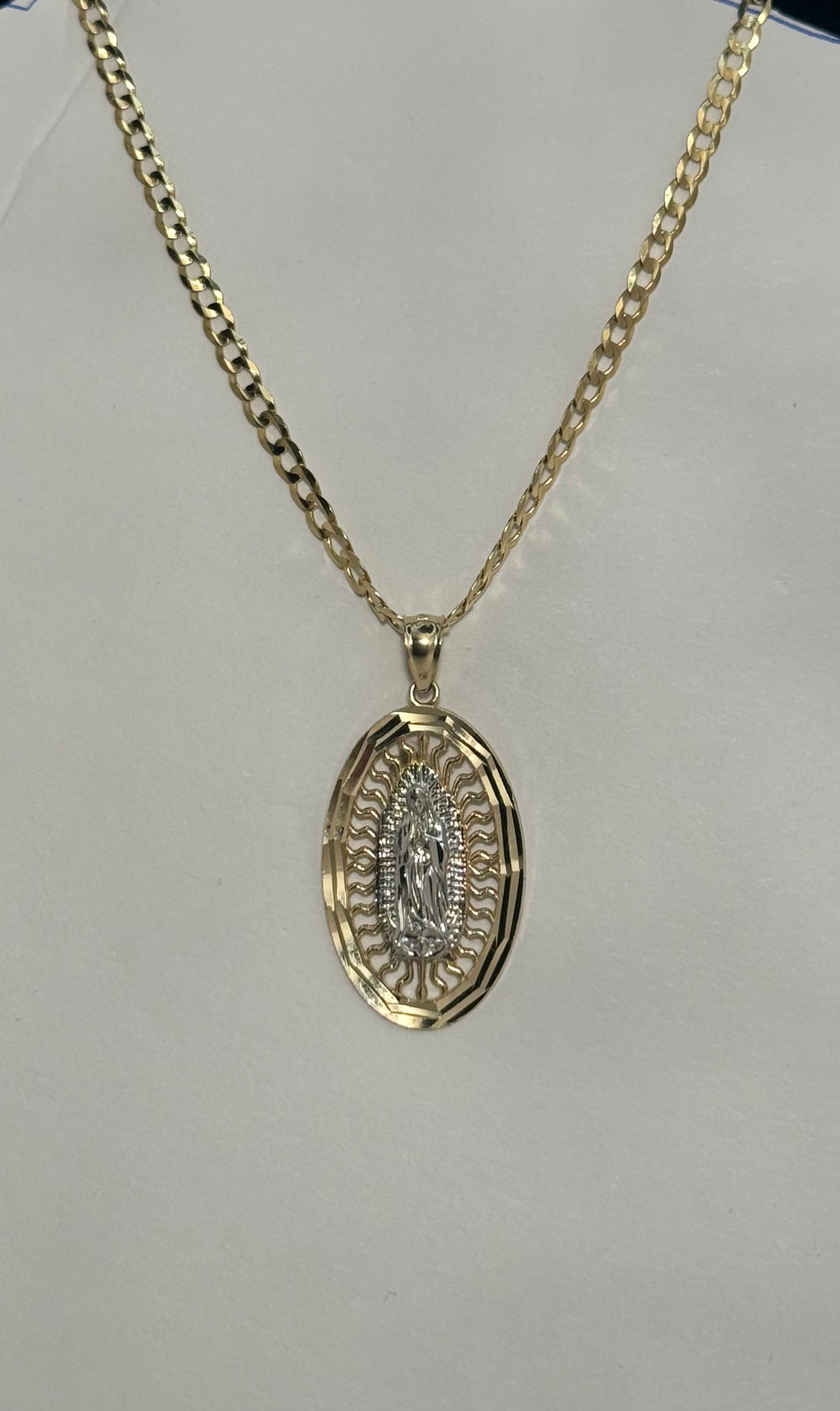 14k gold Cuban link chain necklace with Virgin Mary 2 tone pendant