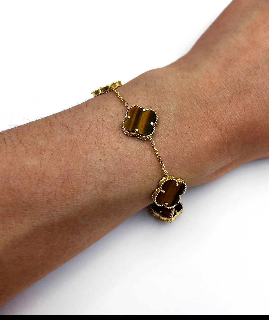 14K Real Gold Gemstone Clover Leaf Bracelet 7"-7.5" Adjustable